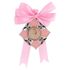 Pink medal for girl's cradle, enamelled angel