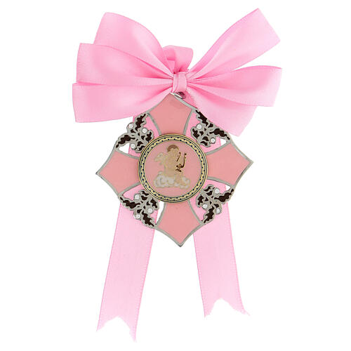 Pink medal for girl's cradle, enamelled angel 1