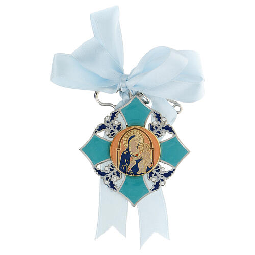 Light blue medal for boy's cradle, enamelled Virgin with Child 1