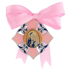 Pink medal for girl's cradle, enamelled Virgin with Child
