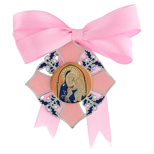 Pink medal for girl's cradle, enamelled Virgin with Child 1