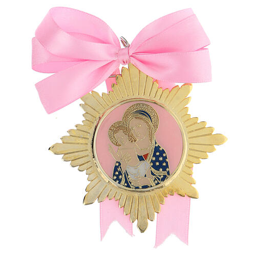 Brosche mit Schleife für Mädchen Maria mit dem Jesuskind, rosa und gold 1