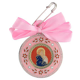 Brosche mit Schleife für Mädchen Maria mit dem Jesuskind, rosa
