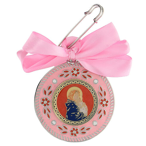 Cradle ornament, Virgin with Child, pink ribbon 1