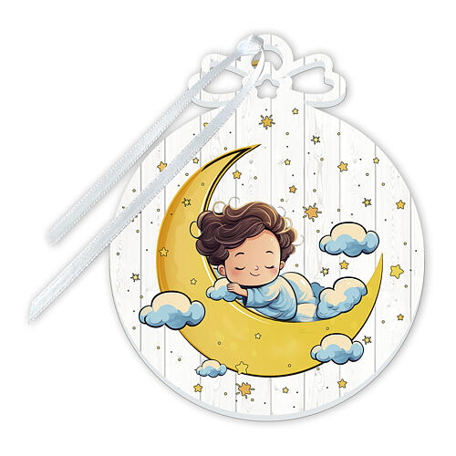 Wooden medal for cradle, child on the moon, 6x4 in 1
