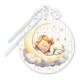 Médaille pour lit enfant en bois, enfant endormi sur demi-lune, 15x10 cm