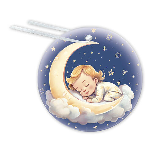 Resin ornament for Baptism, child on the moon, 3 in 1
