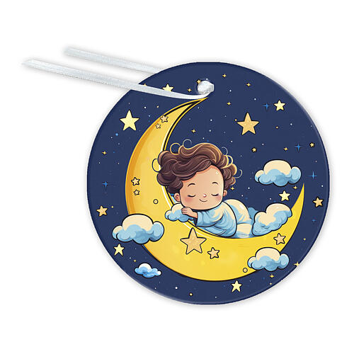 Cradle medal, blue background, child on the moon, 3 in 1