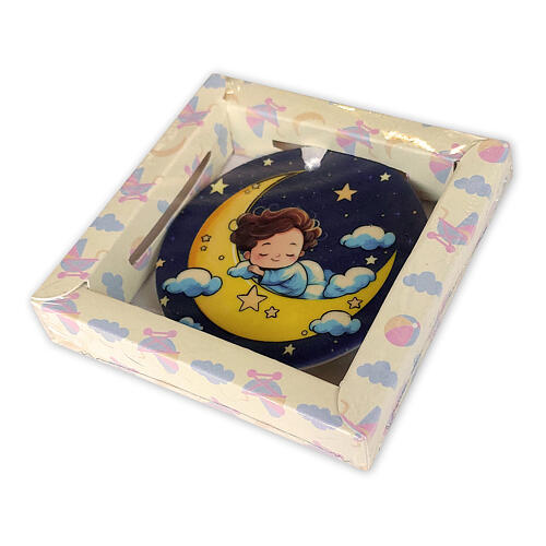 Cradle medal, blue background, child on the moon, 3 in 2