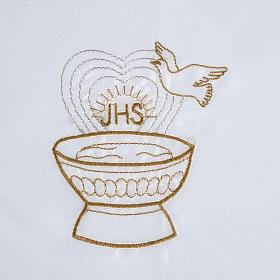 Túnicas e Velas para Batizado: Túnica batismo cetim pomba IHS pia batismal