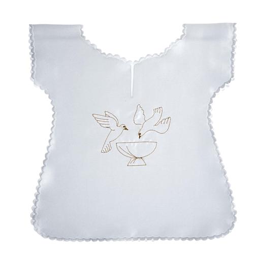 Baptismal gown in satin, doves and baptismal font 1