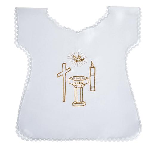 Baptismal gown in satin, cross, dove, candle, font 1