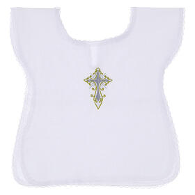 Camisetita bautismo mixto lino bordado cruz gris oro