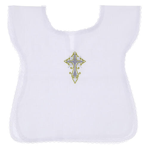 Camisetita bautismo mixto lino bordado cruz gris oro 1