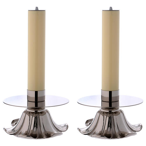 Pair of altar candle holders, silvered brass, petals 1
