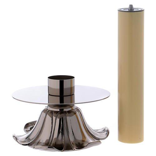 Pair of altar candle holders, silvered brass, petals 3