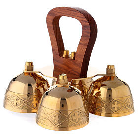 Dzwonek liturgiczny mosiężny poczwórny, rączka z drewna