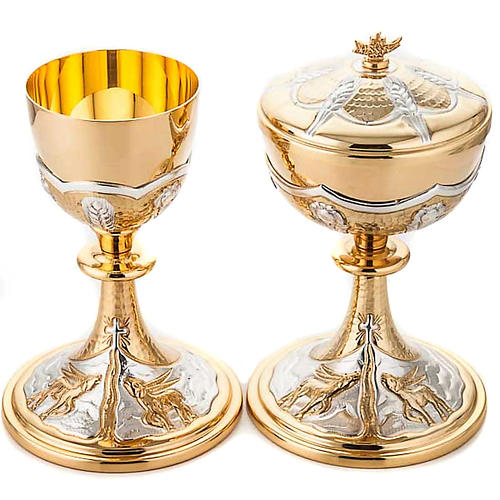 Chisellled brass chalice and ciborium set "Deer at the font" 1