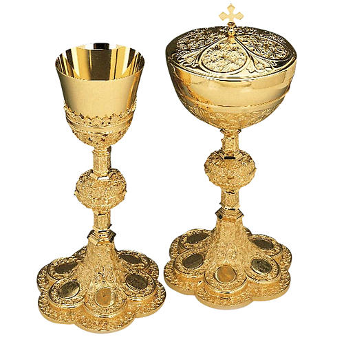 Calice e pisside ottone dorato argento 925/00 decoro medaglioni 1