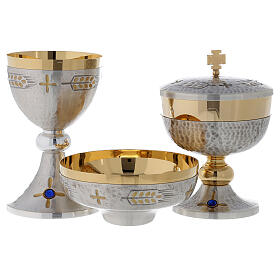 Chalice, ciborium and paten with ears of wheat and cross