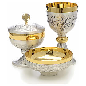 Chalice, ciborium and paten with grapes, ears of wheat and cross