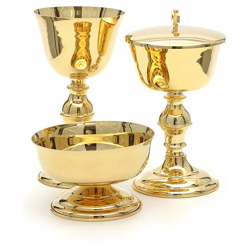 8 Inch Stratford Chapel Gold Tone Ornate Node Chalice and Paten Set with Ciborium and Cover 