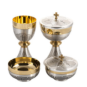 Chalice, ciborium, paten and bowl paten in silver brass, chisell