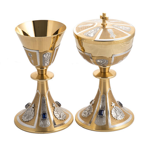 Chalice and ciborium in two tone brass, chiselled with blue ston 1