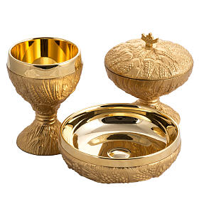 Chalice, ciborium and paten in bronze brass, ears of wheat