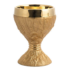 Chalice, ciborium and paten in bronze brass, ears of wheat