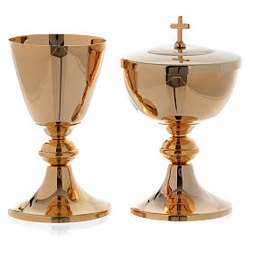 Chalice and ciborium with round node in golden plated brass