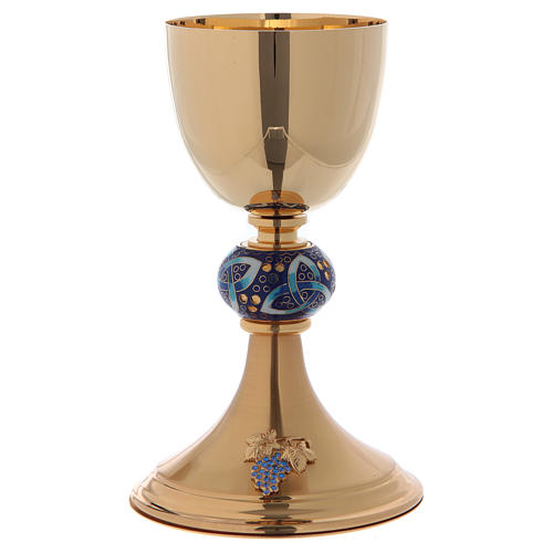 Chalice in brass and enamels, Trilogy and grapes with strass 1