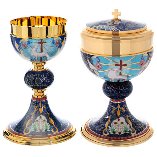Chalice and Ciborium in brass with enamel, Lamb of God and IHS 1