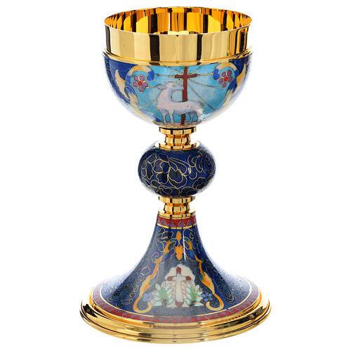 Chalice and Ciborium in brass with enamel, Lamb of God and IHS 2