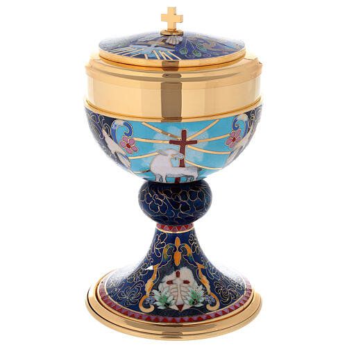 Chalice and Ciborium in brass with enamel, Lamb of God and IHS 5