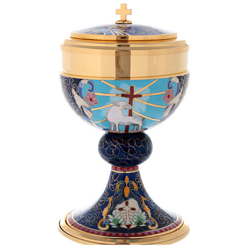 Chalice and Ciborium in brass with enamel, Lamb of God and IHS 6