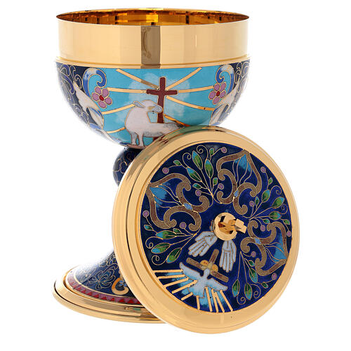 Chalice and Ciborium in brass with enamel, Lamb of God and IHS 7