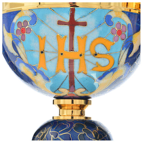 Chalice and Ciborium in brass with enamel, Lamb of God and IHS 9