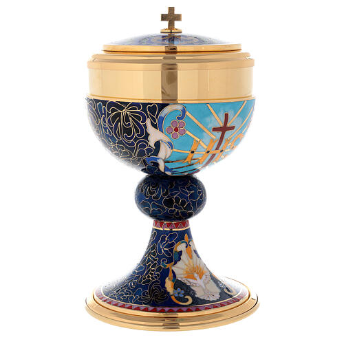 Chalice and Ciborium in brass with enamel, Lamb of God and IHS 11