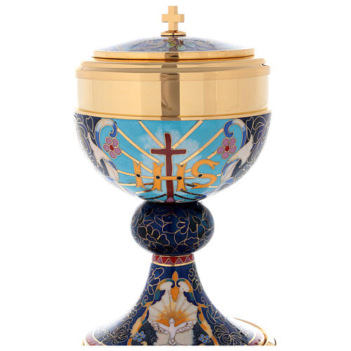 Chalice and Ciborium in brass with enamel, Lamb of God and IHS 12