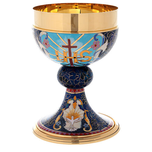 Chalice and Ciborium in brass with enamel, Lamb of God and IHS 13