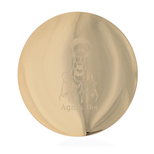 Paten in gold-plated shaped brass, Agnus Dei engraving 14cm 1
