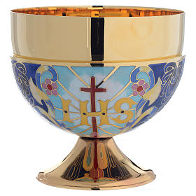 Bowl paten Agnus Dei and IHS symbol, brass and enamel