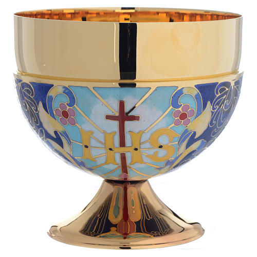 Bowl paten Agnus Dei and IHS symbol, brass and enamel 1