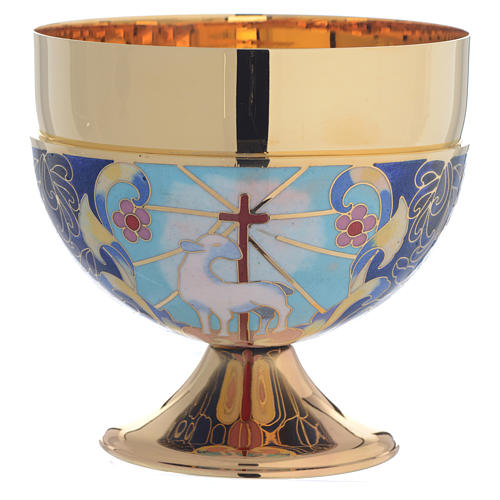 Bowl paten Agnus Dei and IHS symbol, brass and enamel 2