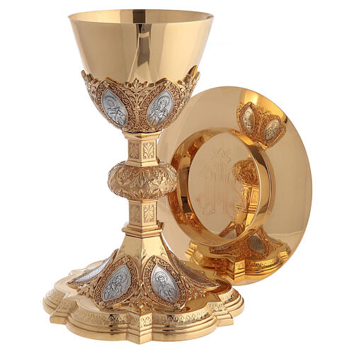 Chalice and paten in brass with cup in sterling silver, neo-Gothic style by Molina 1