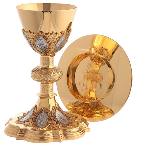 Chalice and paten in brass with cup in sterling silver, neo-Gothic style by Molina 1