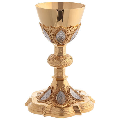 Chalice and paten in brass with cup in sterling silver, neo-Gothic style by Molina 2