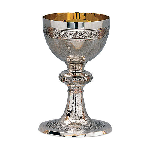 Silver brass chalice and paten Molina handmade with chasing technique with internal cup in 925 sterling silver. 1