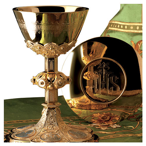 Chalice and paten Molina with Evangelists in Gothic style with cup in gold 925 sterling silver 1